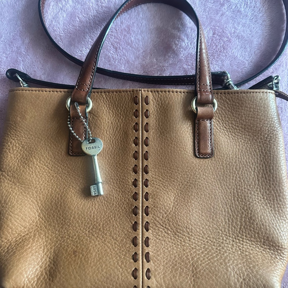 Fossil Brown Leather Satchel with Key Charm